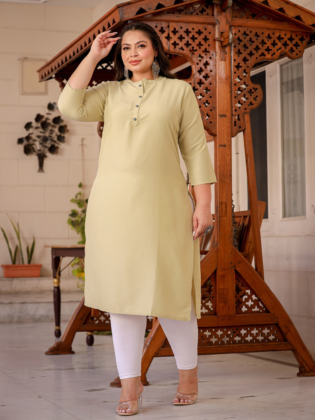 Yufta Light Green Straight Plus Size Kurta Women