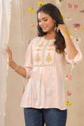 Juniper Women Peach Cotton Dobby Embroidered A-Line Tunic