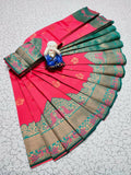 DEIANA'S Beautiful Designer Golden zari Soft Lichi Silk Saree - Red
