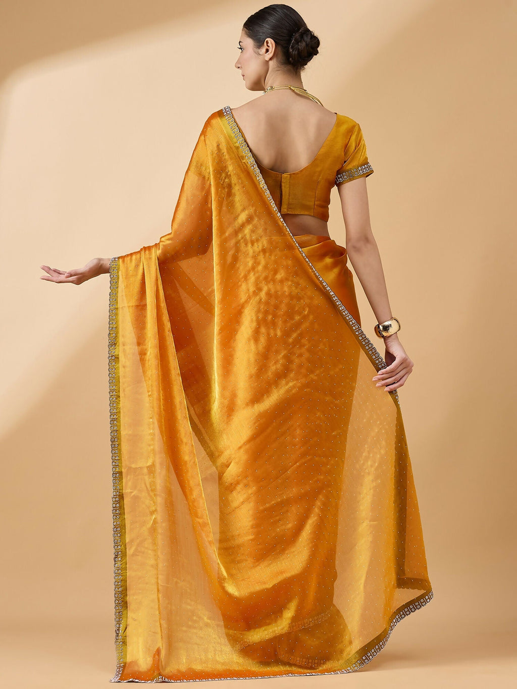 Mustard Organza Swaroski Diamond Work Saree with Unstitched Blouse - Radha