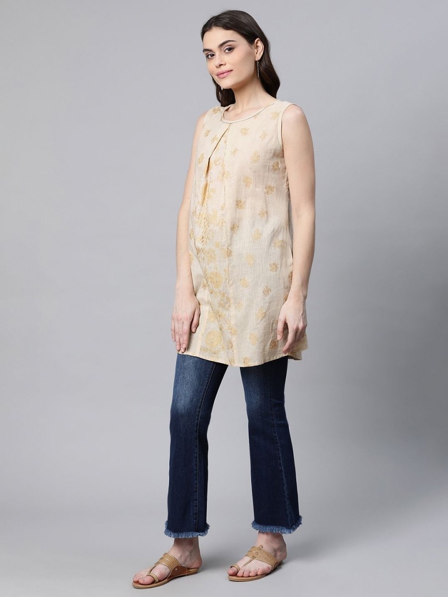 Ahalyaa Women Beige Pure Cotton Floral Printed Tunic