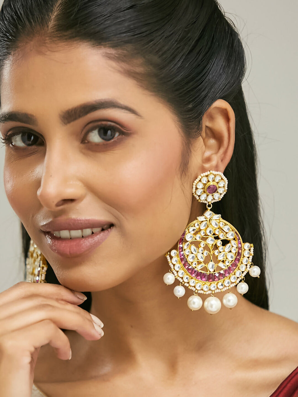 Nuyug 22K Gold-Plated Elegant Ruby & Kundan Stone Studded With Pearl Beaded Floral Chandbalis