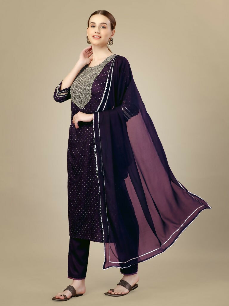 Jyoti Fashion Women's Purple Silk Blend Embroidery & Sequence work Kurta with Trouser & Dupatta