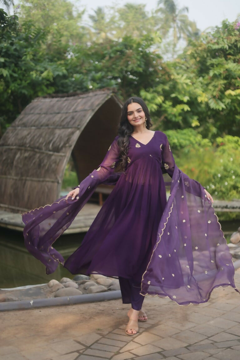 Jyoti Fashion Women's Wine Faux Blooming Embroidered Kurta with Trouser & Dupatta