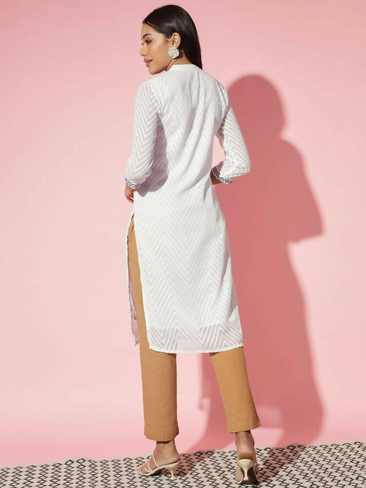 Myshka Women White Solid Georgette Straight V-Neck Kurtas