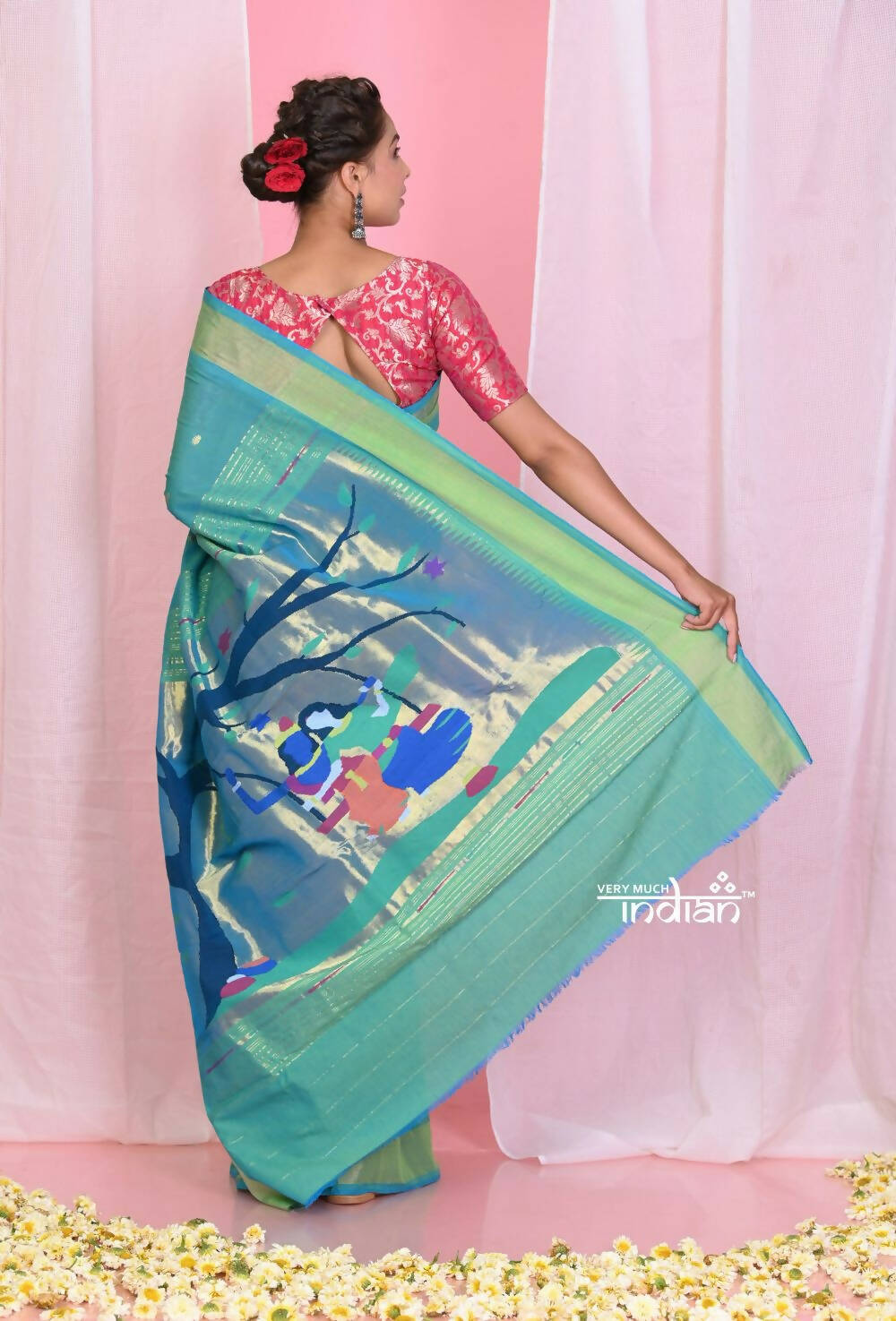 Very Much Indian Handloom Pure Cotton Paithani -Turquoise Blue
