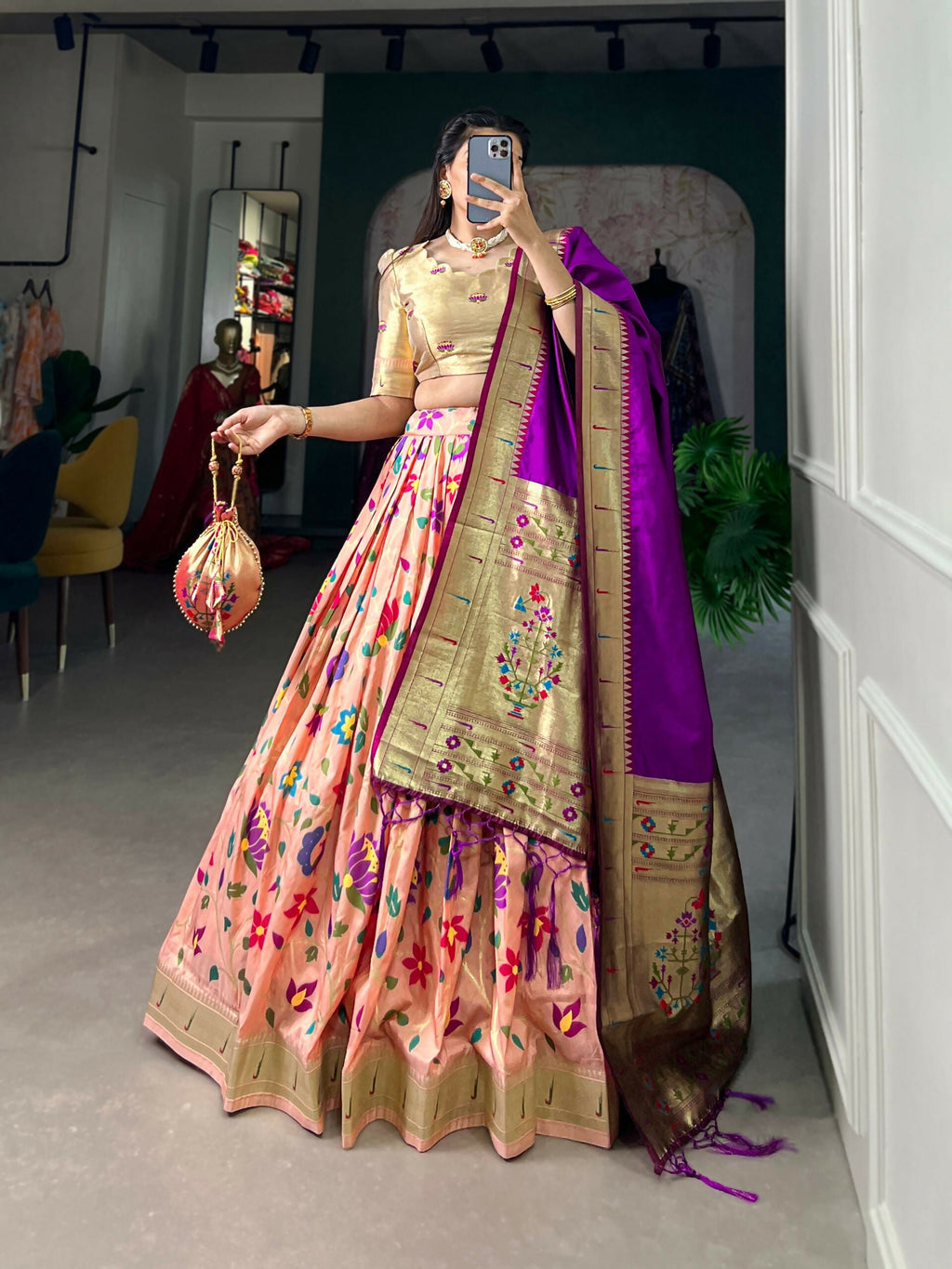 Vastranavya Traditional Jacquard Silk Paithani Lehenga Choli - Peach