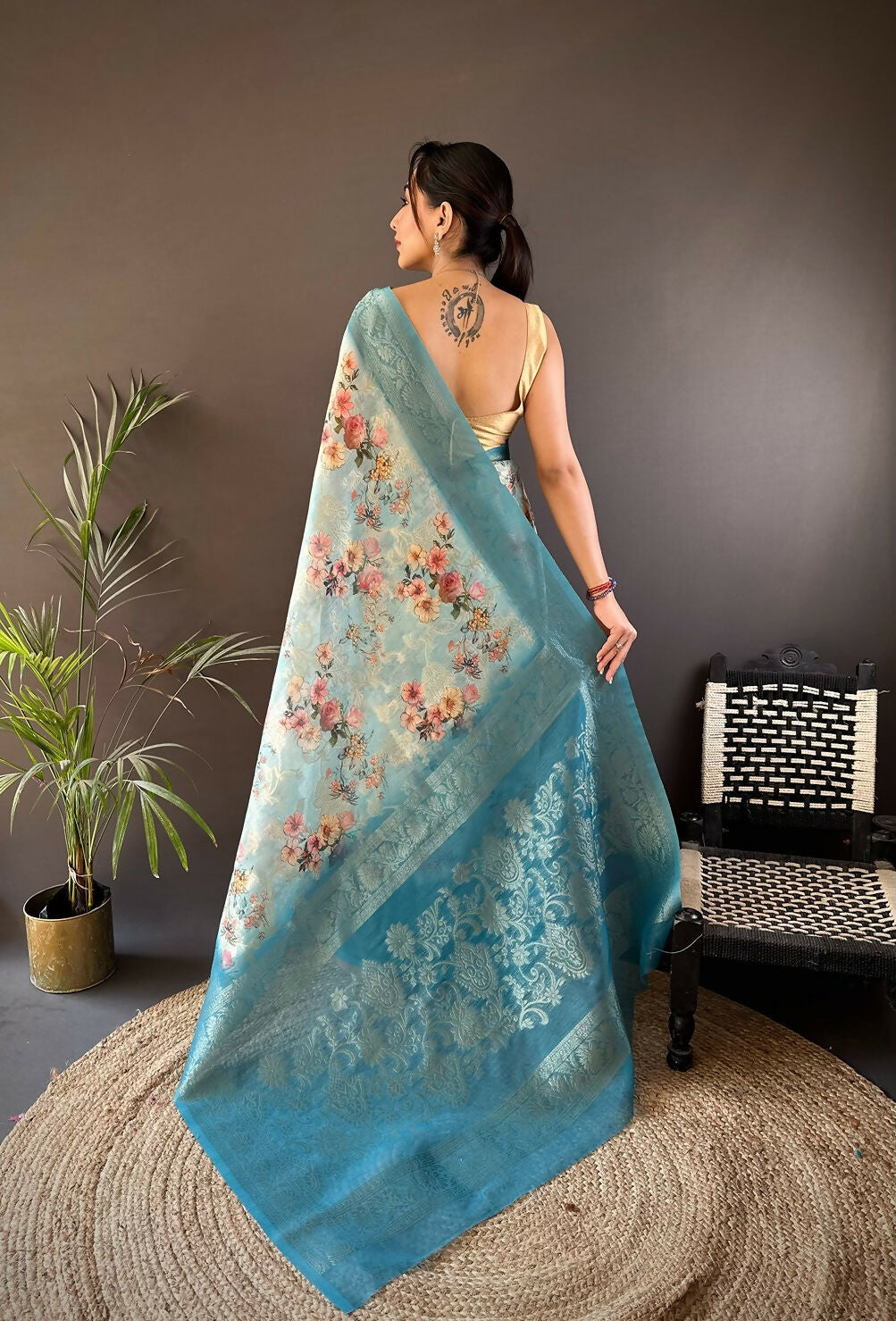 Joban Fashion Sky Blue Floral Motifs Banarasi Silk Sarees