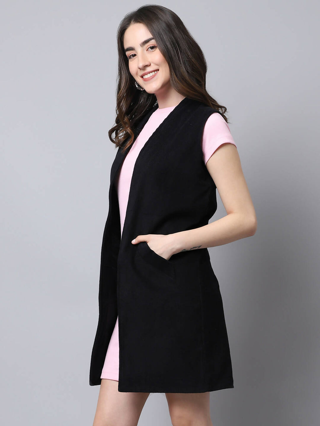 Even Apparels Black Polywool Open Front Corduroy Women's Long Coat
