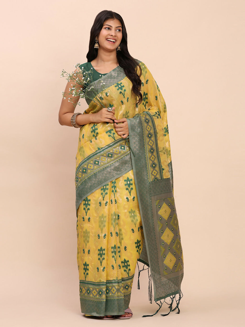 Shree Shyam Fashion Linen Cotton Yellow Saree