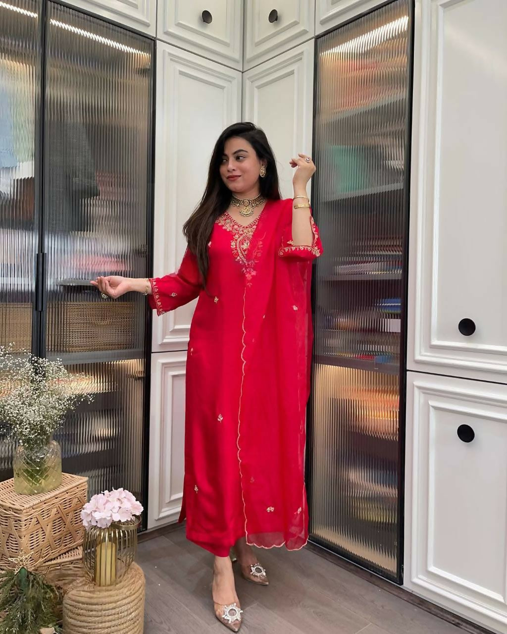 The52 Red Beautiful Embroidered Rayon Fabric Straight Kurta Pant with Dupatta Set