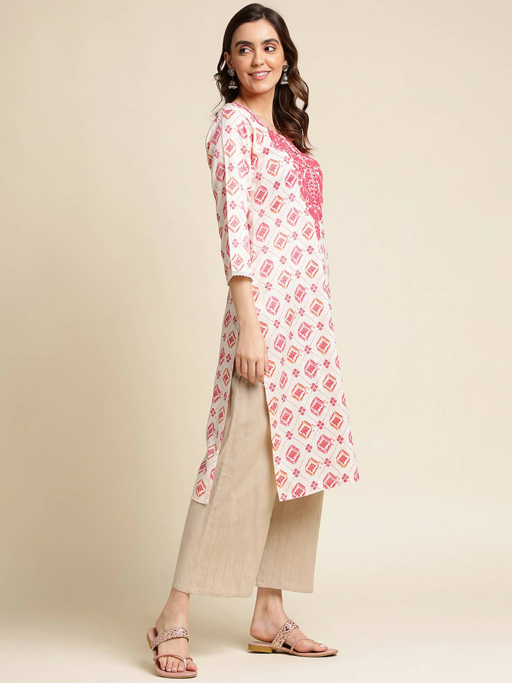 Pink Poly Rayon Aztec Printed Straight Fit Kurta - Prasuti