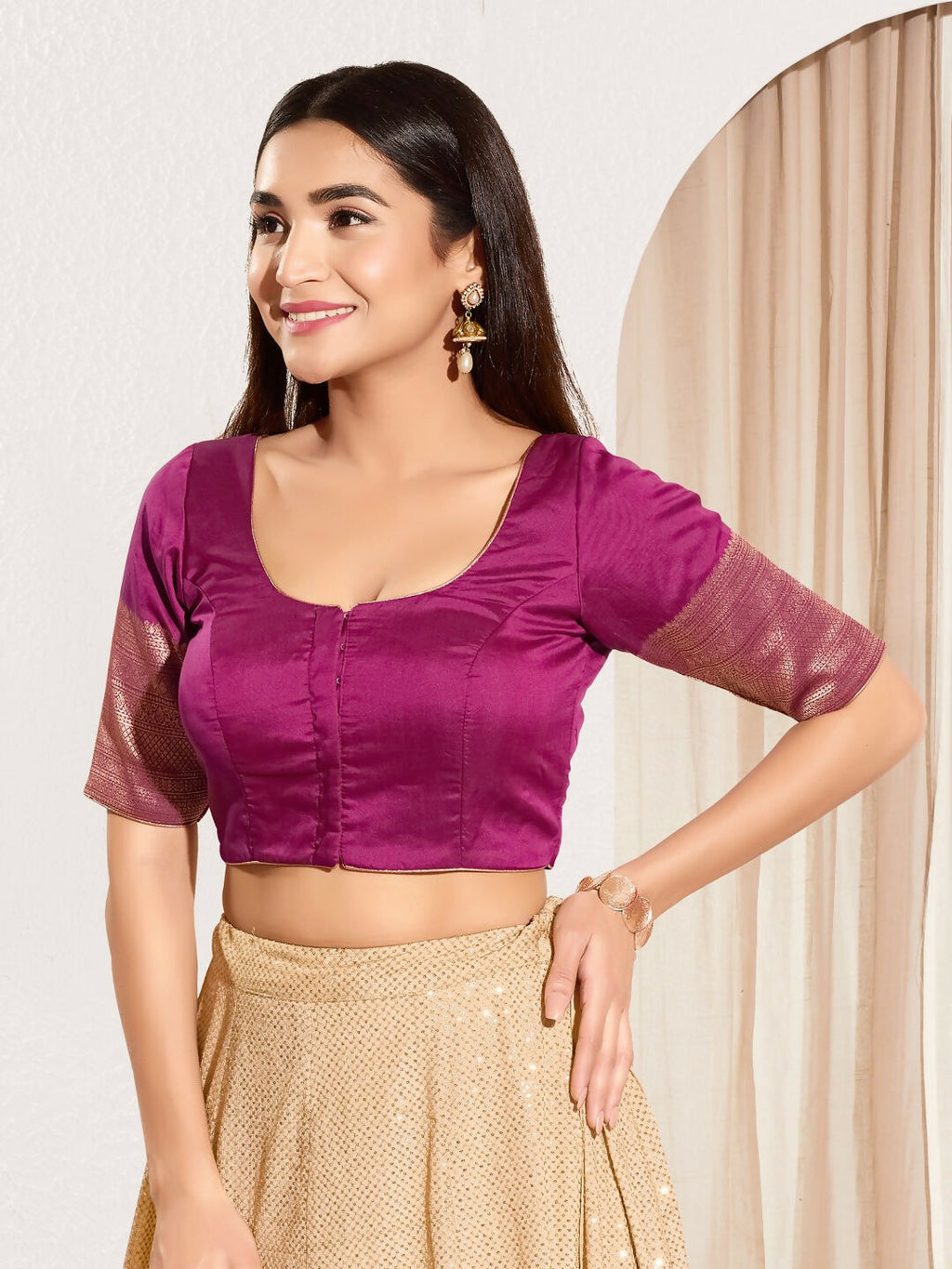 Joban Fashion South Pink Taffeta Silk Padded Blouse With Round Neck Elbow Sleeves