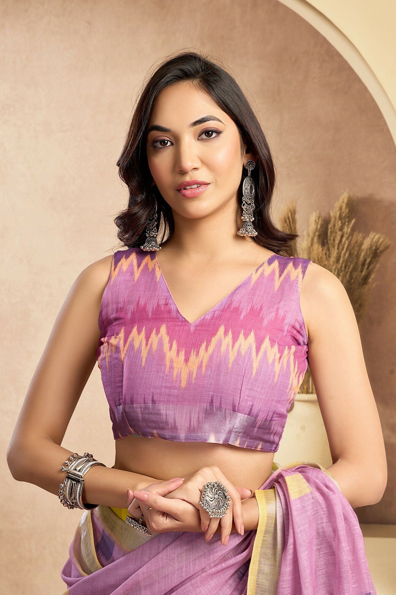 Vastranavya Onion Pink Digital Printed Linen Ready To Wear Pocket Saree with Unstitched Blouse