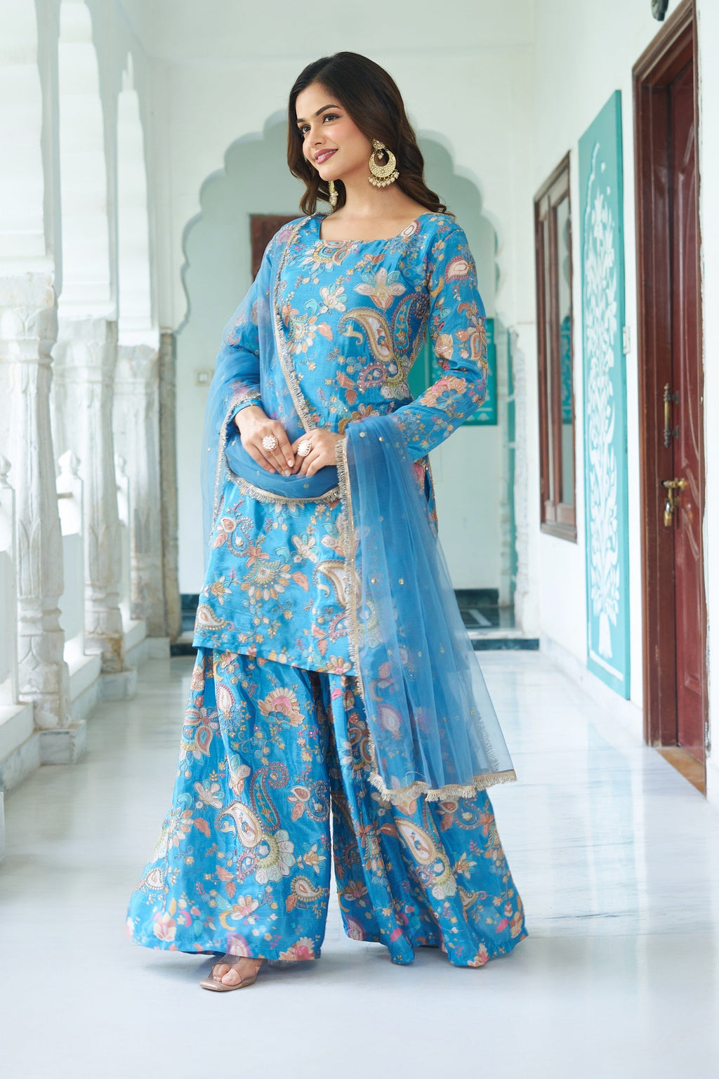 Teeya Creation Multi Color Chinnon Silk With Heavy Embroidery With Positiona Print Fully Stitched Sharara Suit
