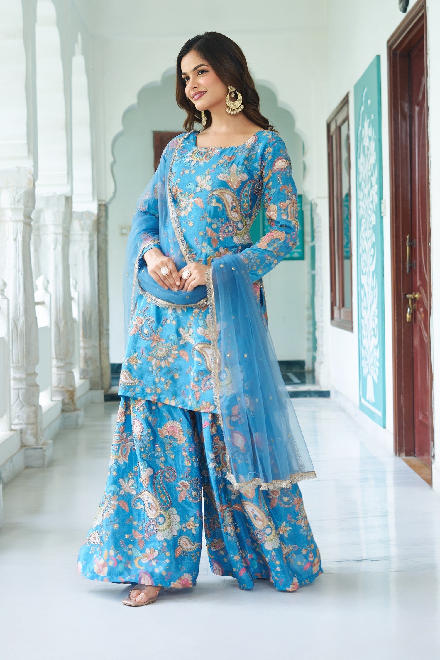 Teeya Creation Multi Color Chinnon Silk With Heavy Embroidery With Positiona Print Fully Stitched Sharara Suit