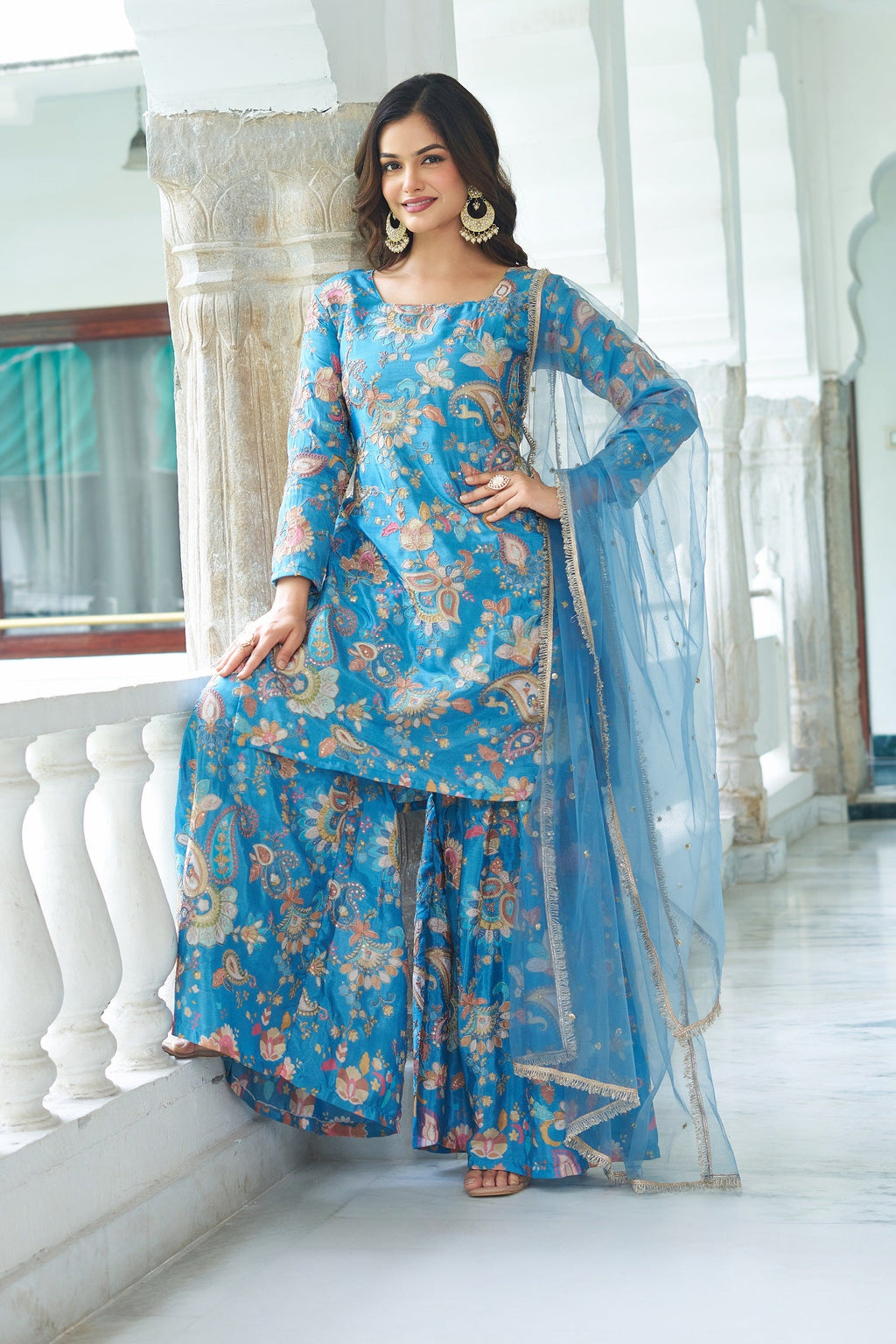 Teeya Creation Multi Color Chinnon Silk With Heavy Embroidery With Positiona Print Fully Stitched Sharara Suit
