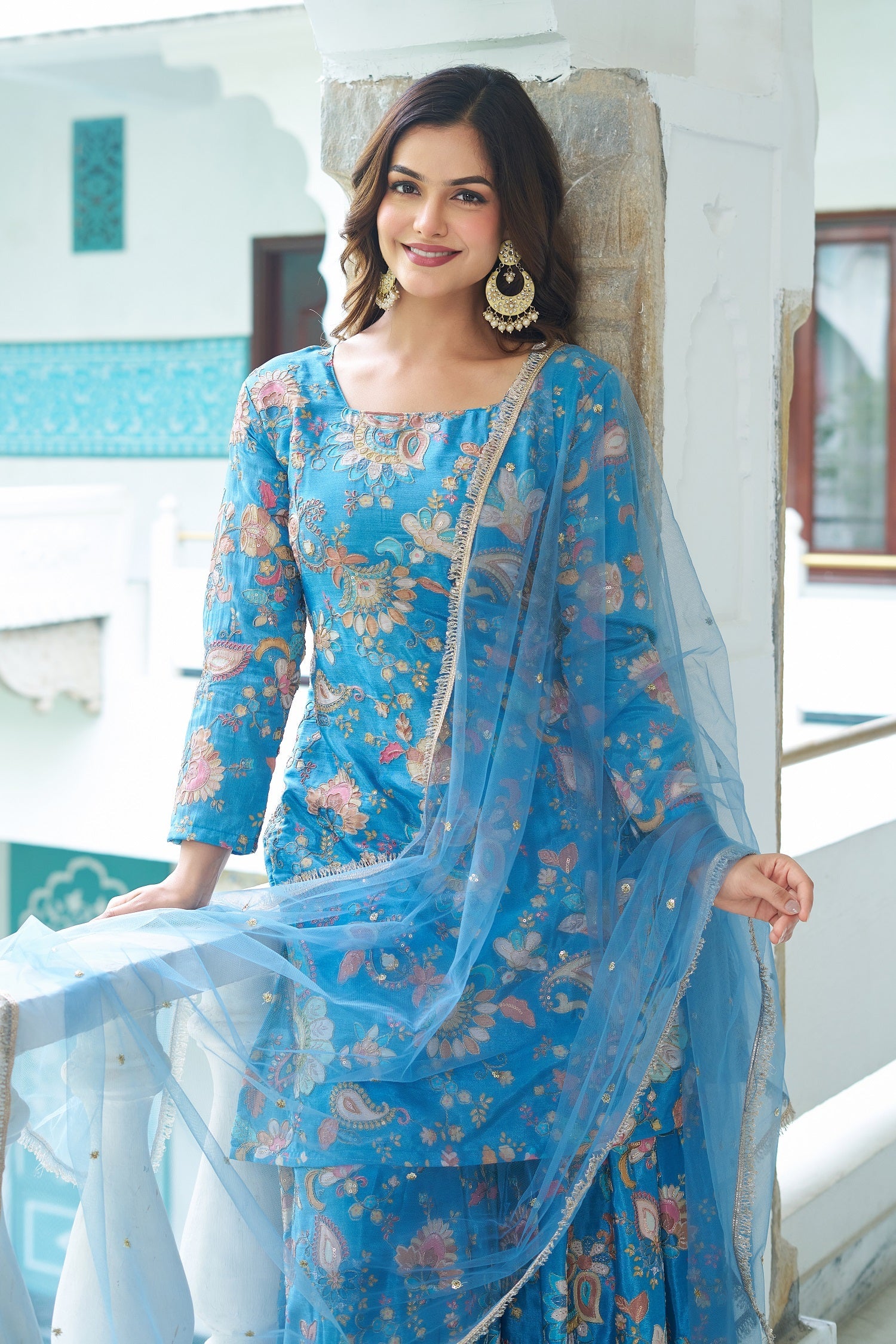Teeya Creation Multi Color Chinnon Silk With Heavy Embroidery With Positiona Print Fully Stitched Sharara Suit