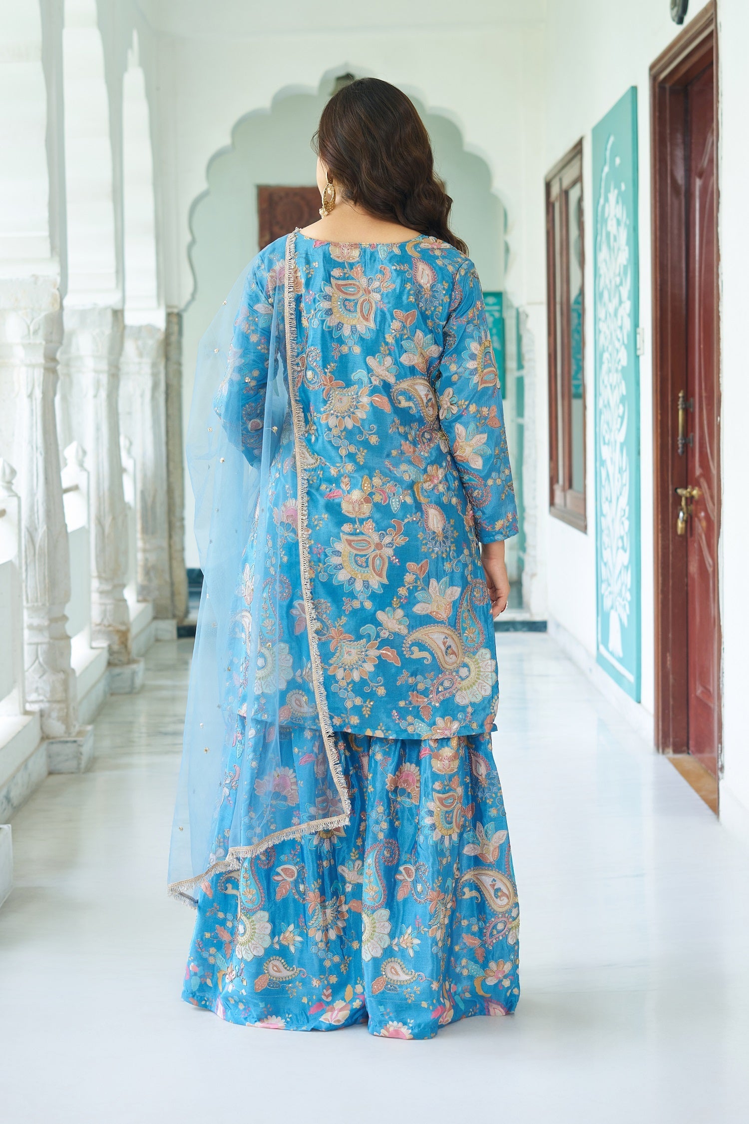 Teeya Creation Multi Color Chinnon Silk With Heavy Embroidery With Positiona Print Fully Stitched Sharara Suit