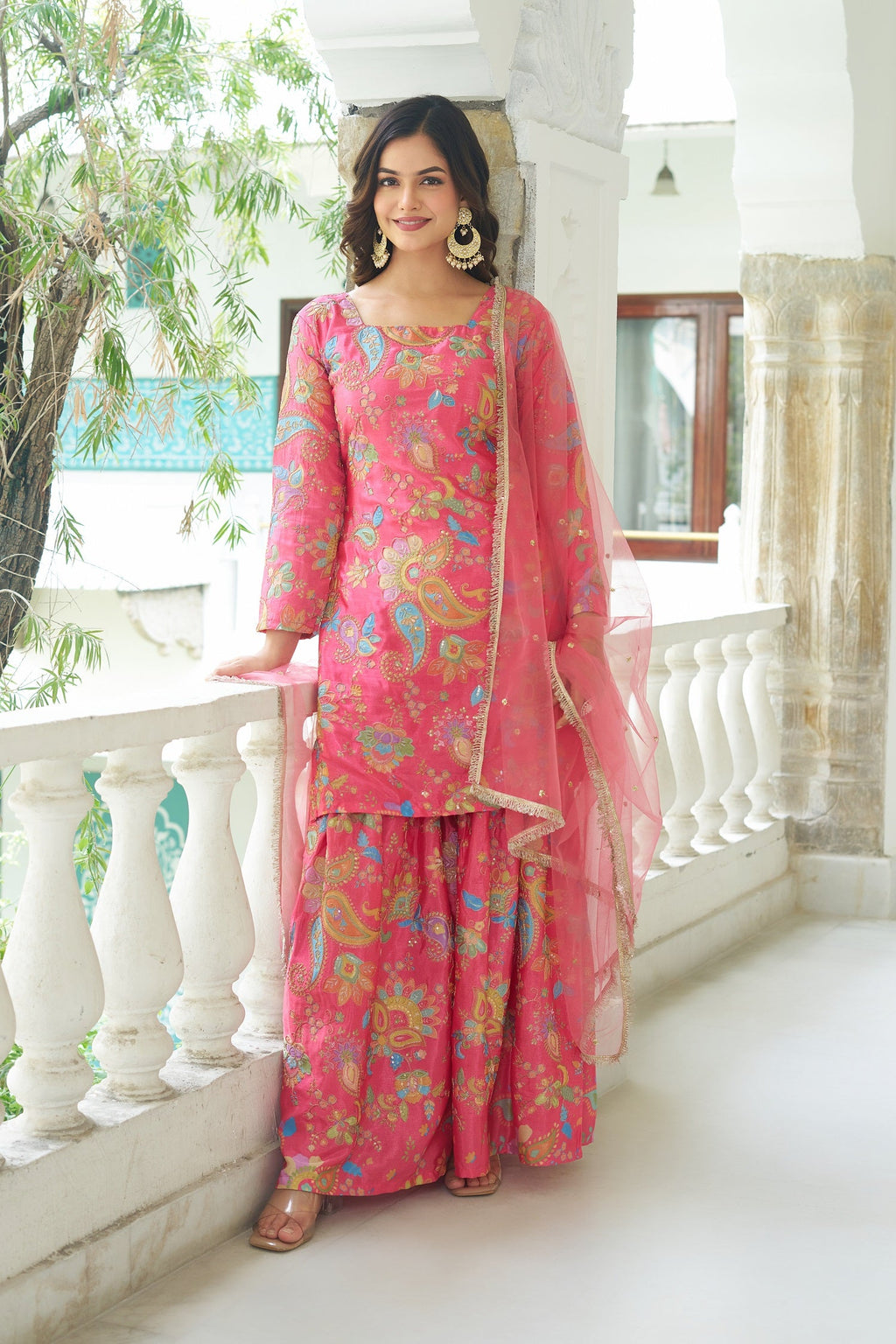 Teeya Creation Multi Color Chinnon Silk With Heavy Embroidery With Positiona Print Fully Stitched Sharara Suit