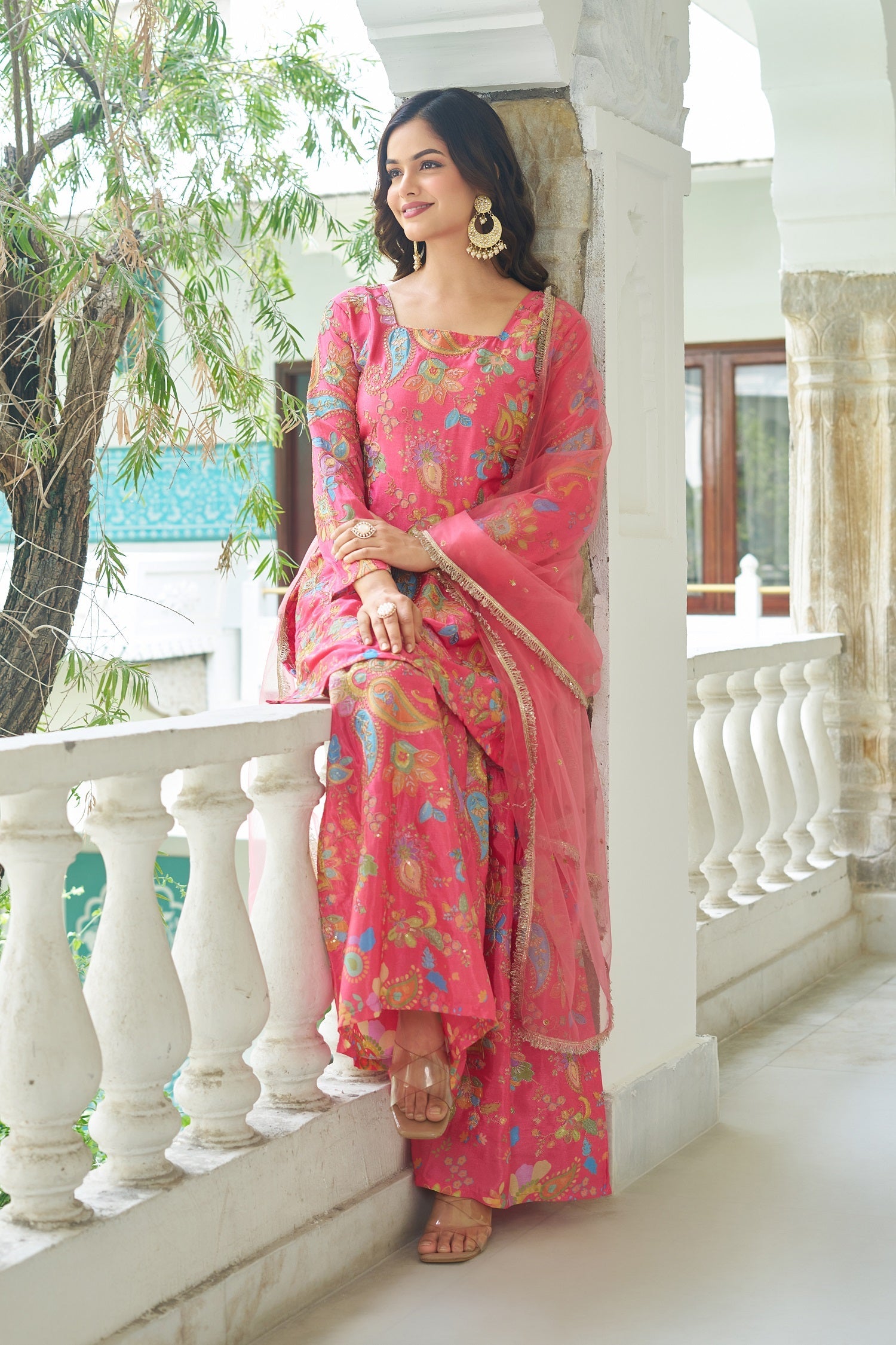 Teeya Creation Multi Color Chinnon Silk With Heavy Embroidery With Positiona Print Fully Stitched Sharara Suit