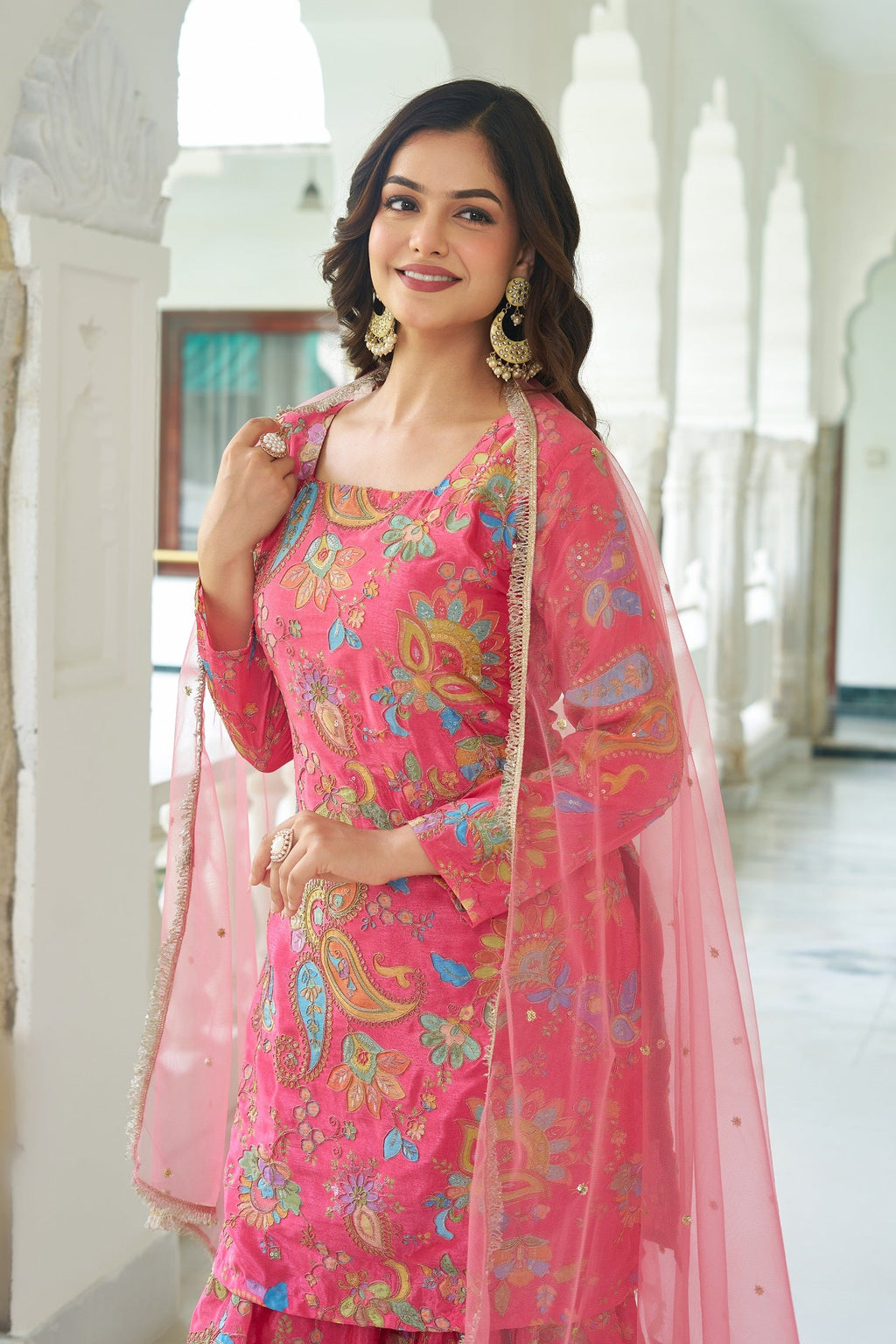 Teeya Creation Multi Color Chinnon Silk With Heavy Embroidery With Positiona Print Fully Stitched Sharara Suit