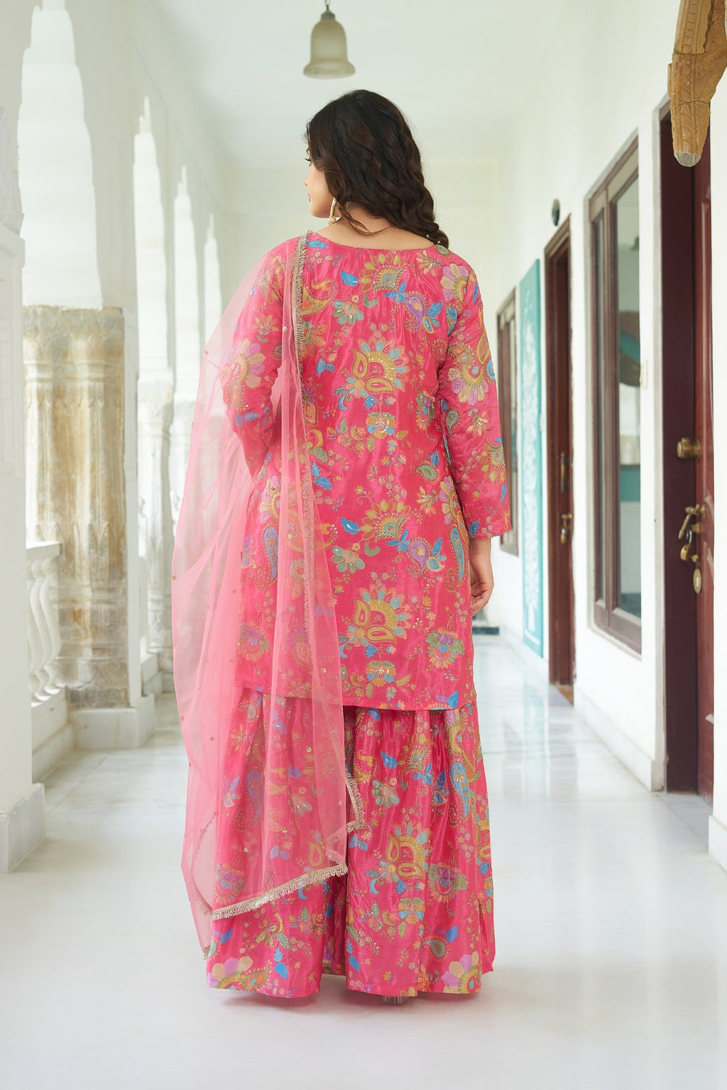Teeya Creation Multi Color Chinnon Silk With Heavy Embroidery With Positiona Print Fully Stitched Sharara Suit