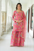 Teeya Creation Multi Color Chinnon Silk With Heavy Embroidery With Positiona Print Fully Stitched Sharara Suit