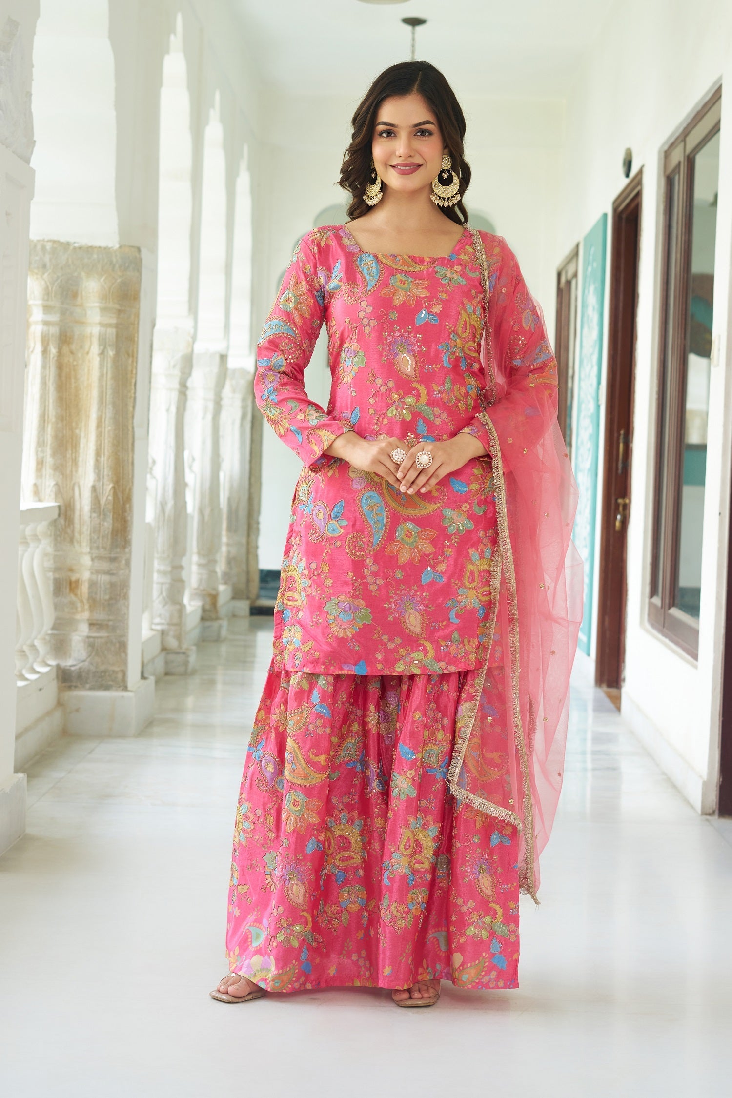 Teeya Creation Multi Color Chinnon Silk With Heavy Embroidery With Positiona Print Fully Stitched Sharara Suit