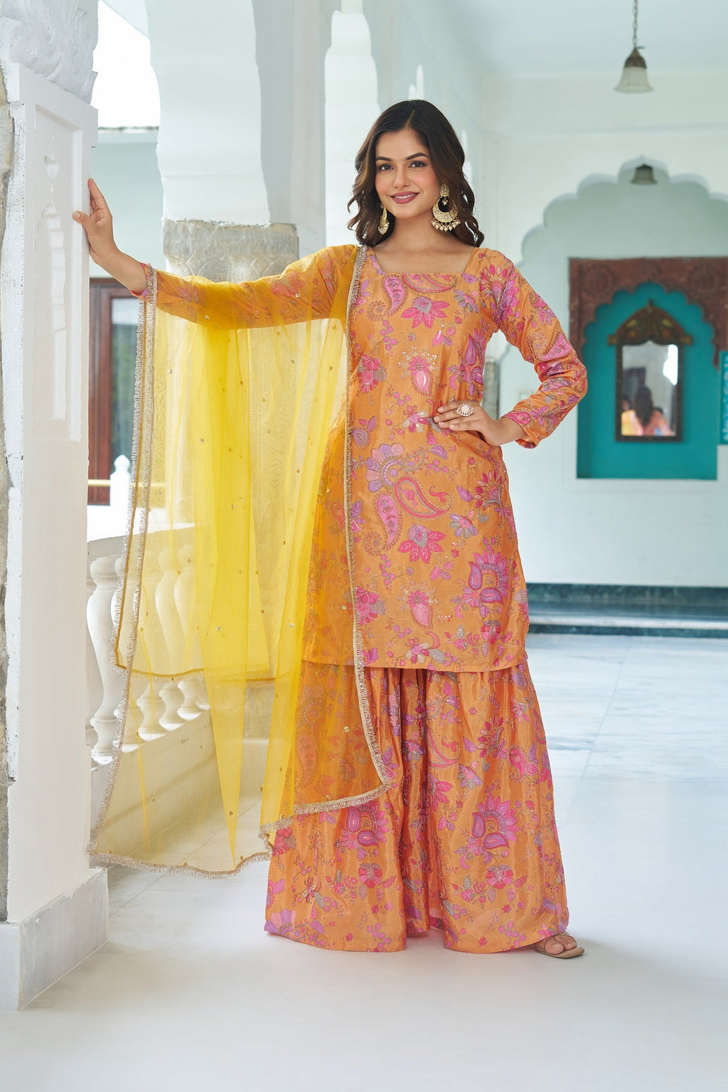 Teeya Creation Multi Color Chinnon Silk With Heavy Embroidery With Positiona Print Fully Stitched Sharara Suit