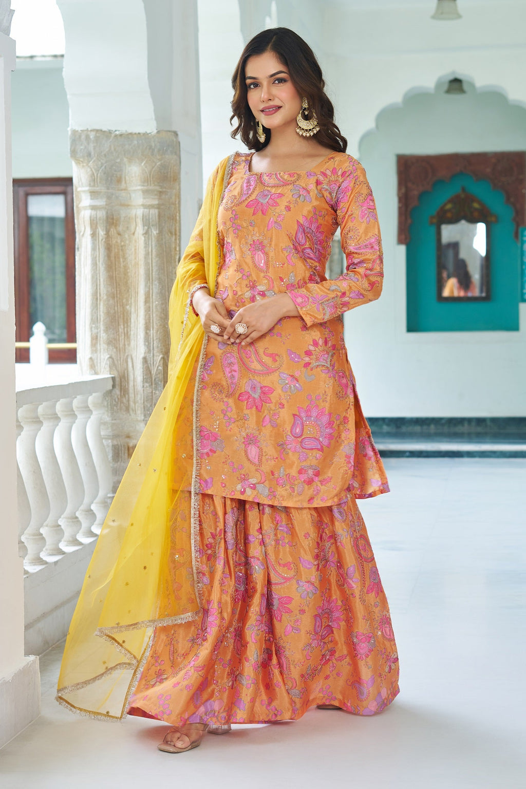 Teeya Creation Multi Color Chinnon Silk With Heavy Embroidery With Positiona Print Fully Stitched Sharara Suit