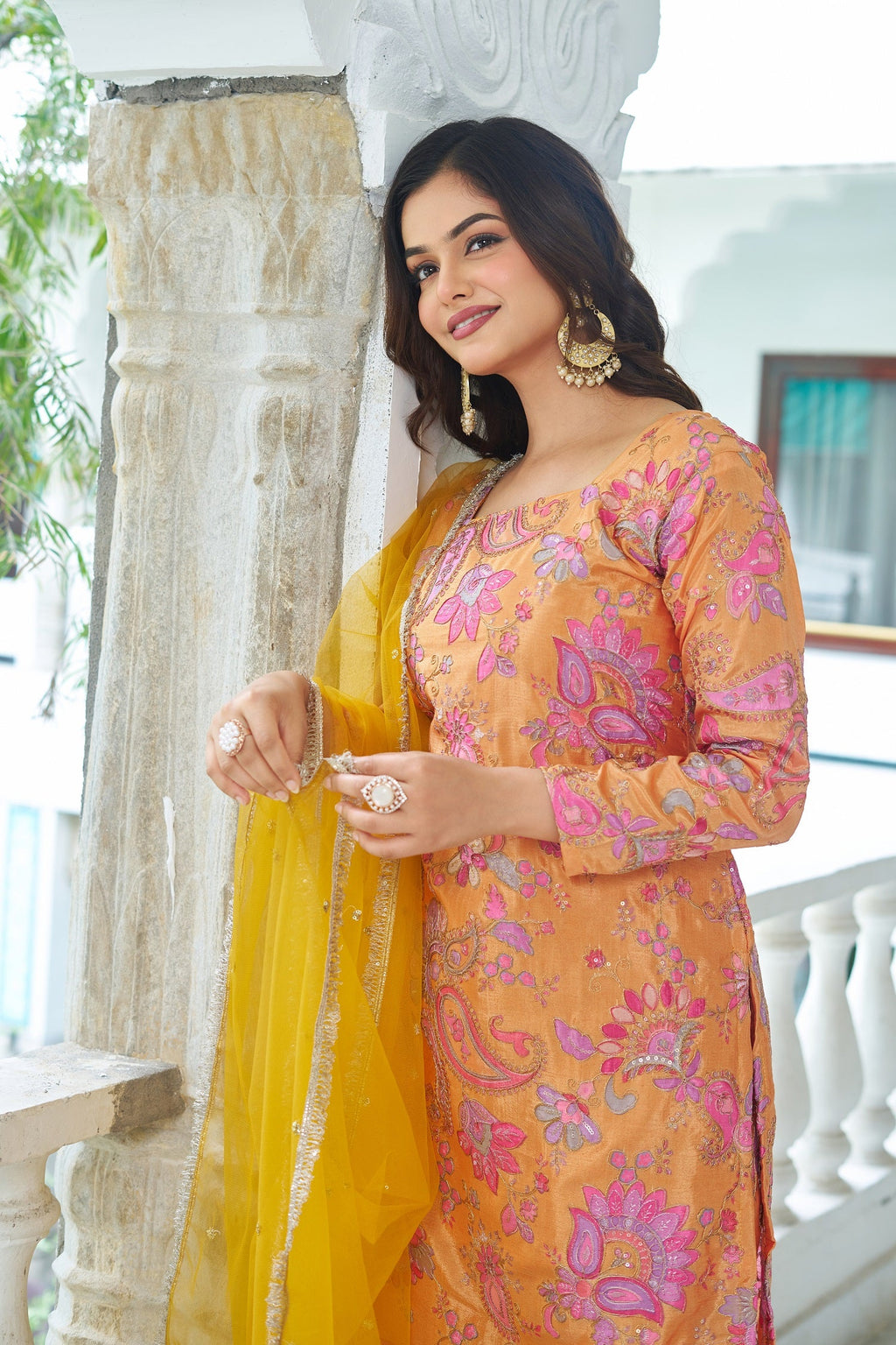 Teeya Creation Multi Color Chinnon Silk With Heavy Embroidery With Positiona Print Fully Stitched Sharara Suit
