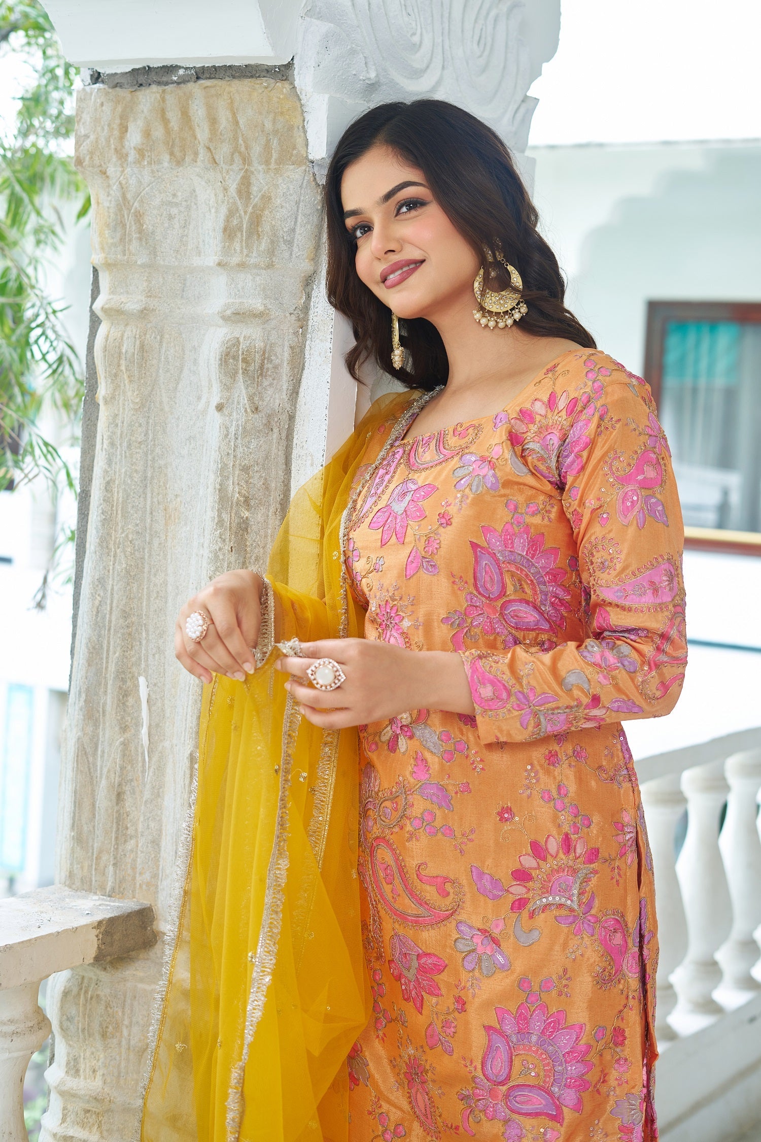 Teeya Creation Multi Color Chinnon Silk With Heavy Embroidery With Positiona Print Fully Stitched Sharara Suit