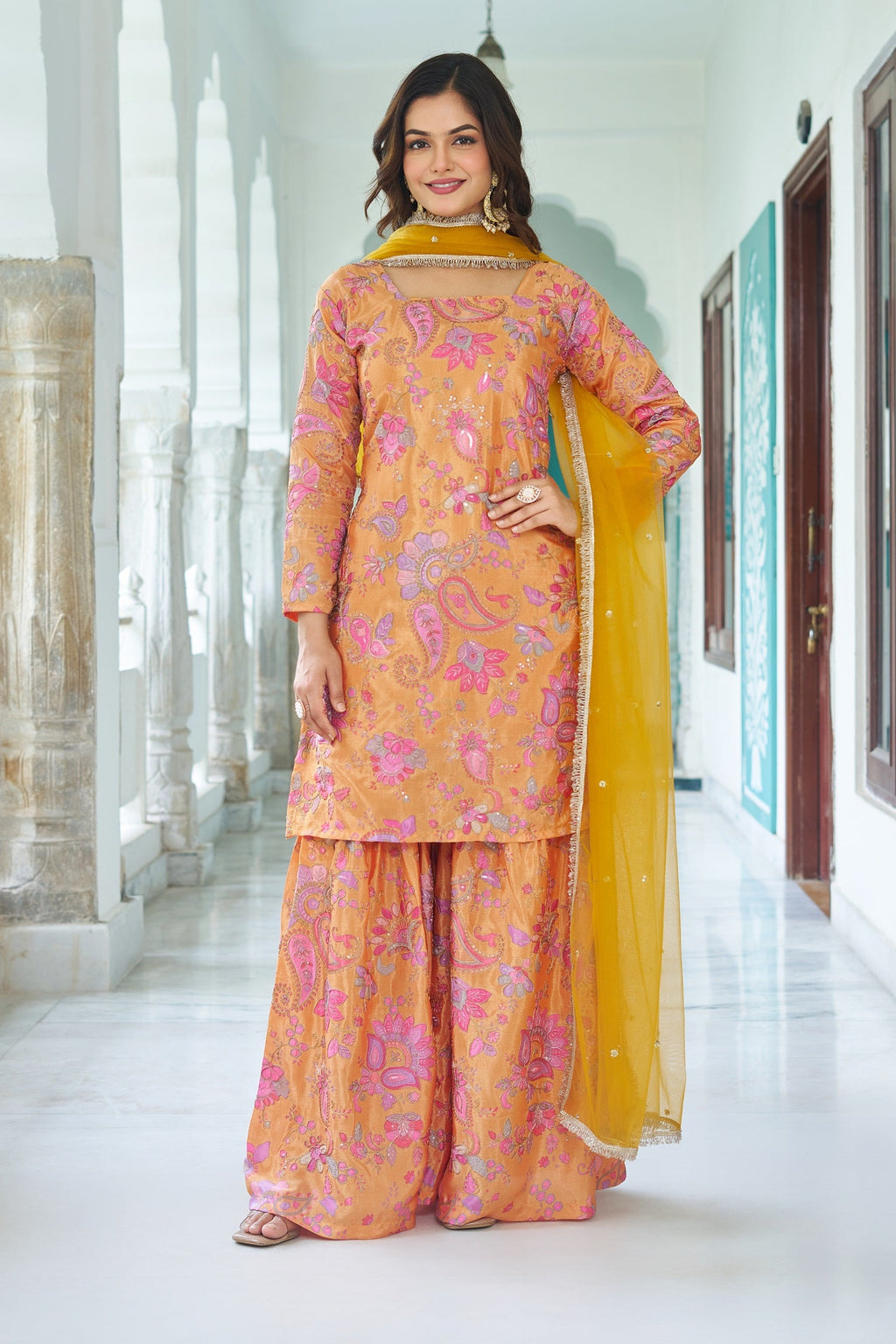 Teeya Creation Multi Color Chinnon Silk With Heavy Embroidery With Positiona Print Fully Stitched Sharara Suit