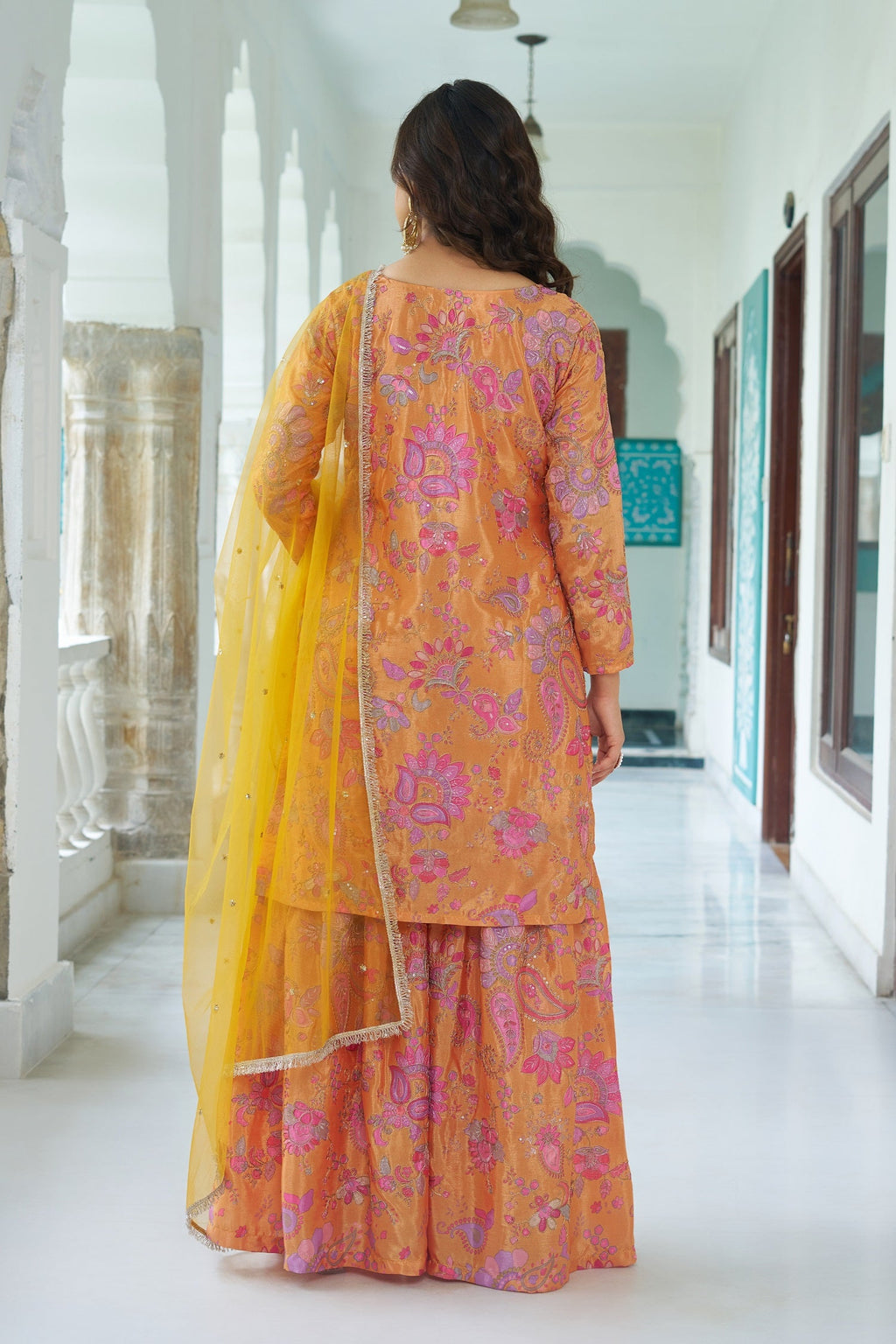 Teeya Creation Multi Color Chinnon Silk With Heavy Embroidery With Positiona Print Fully Stitched Sharara Suit