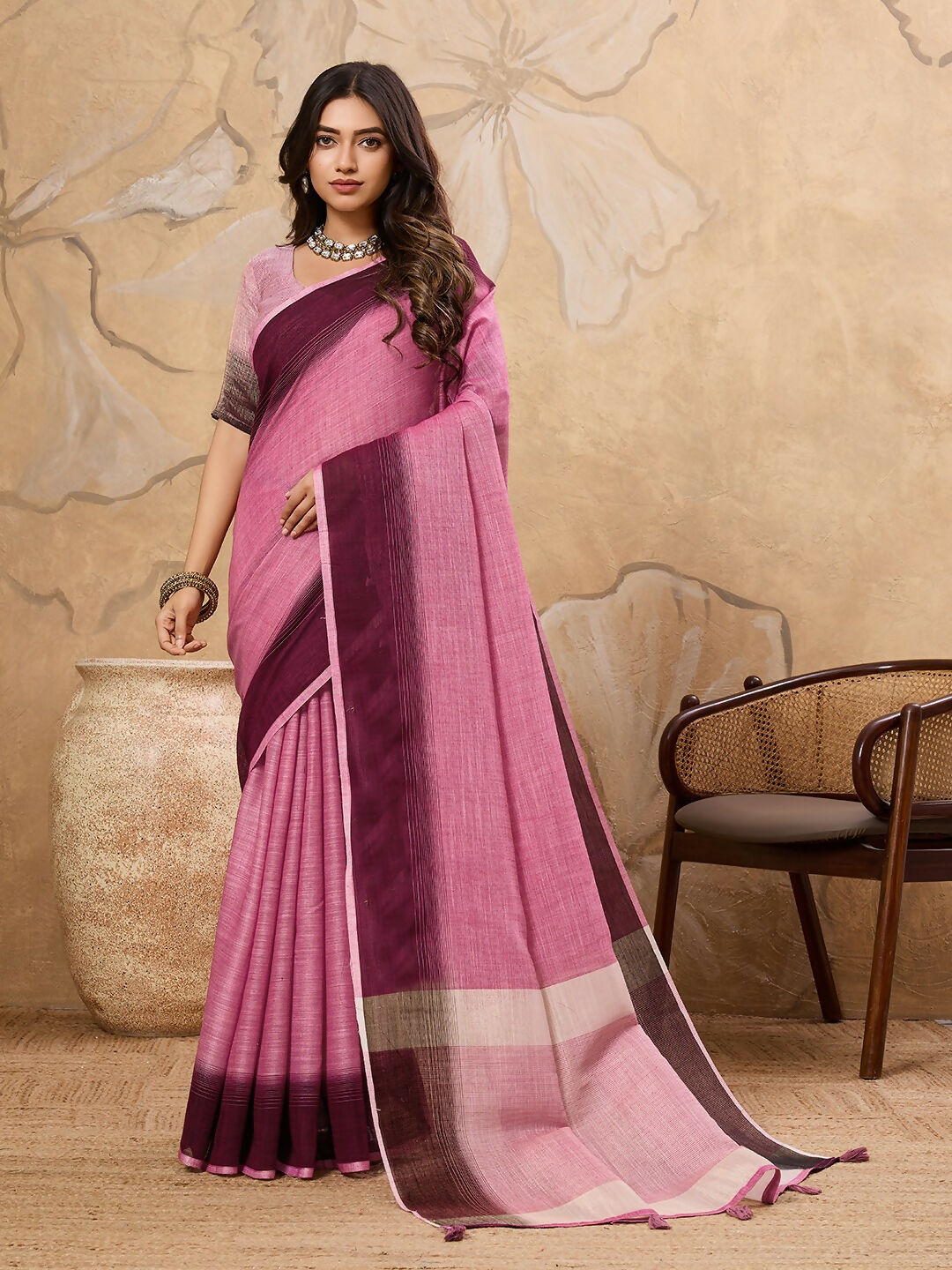 Shree Shyam Fashion Rani Pink Linen Saree