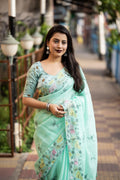 SeaGreen Pure Linen Ethnic Motifs Saree with Unstitched Blouse - Hiral Fashion