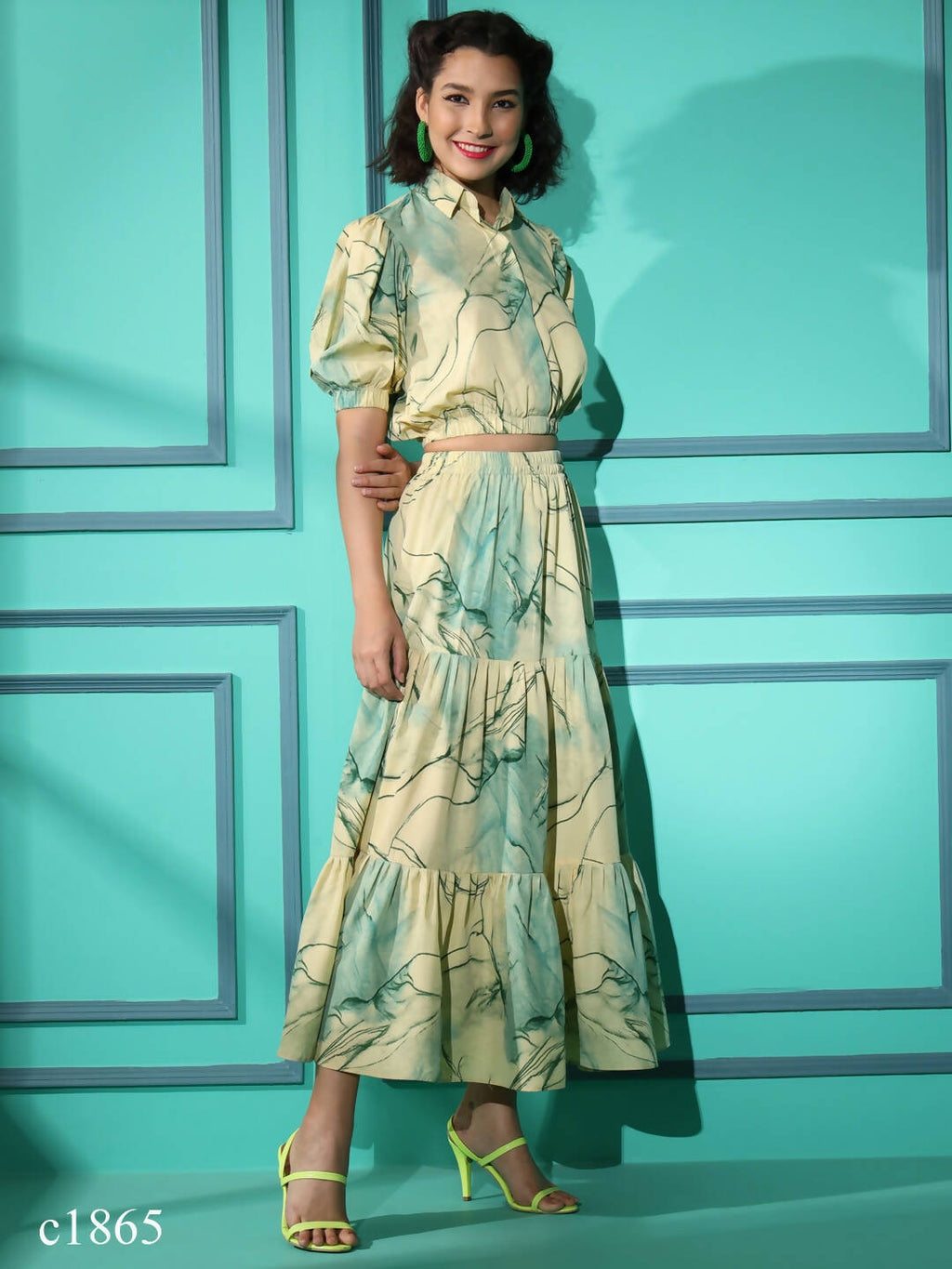Green Rayon Tie dye Printed Top with Matching Skirt - Shivani