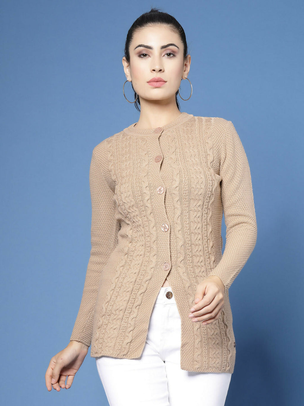 Women Self Design Camel Brown Acrylic Winter Cardigan - Wool Trees
