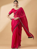 Pink Organza Swaroski Diamond Work Saree with Unstitched Blouse - Radha