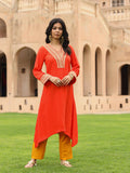 Juniper Women's The Swarna Coral Zari Embroidered Viscose Kurta & Pant Set With Sequins