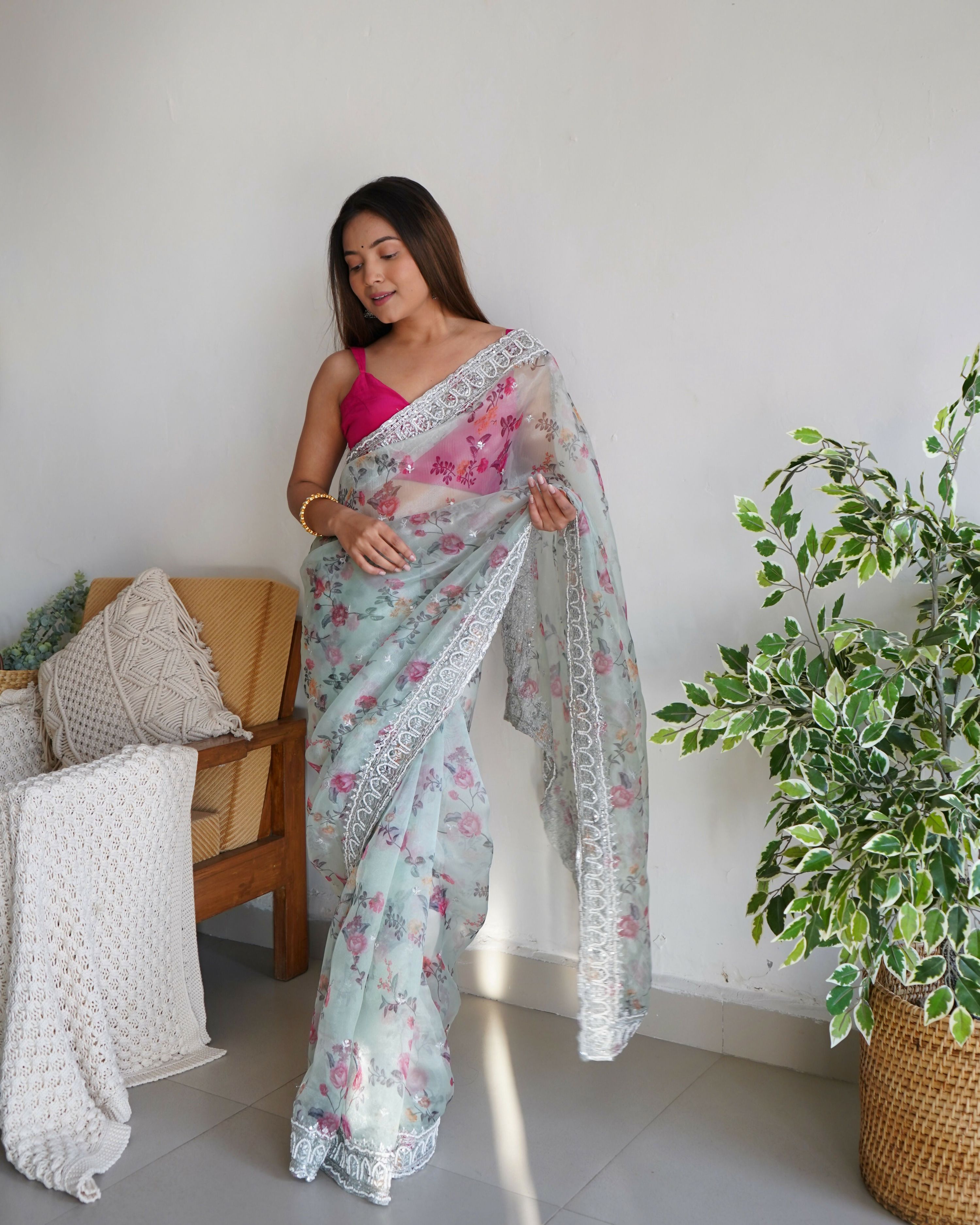 Vamsee Ferry Green Organza Saree