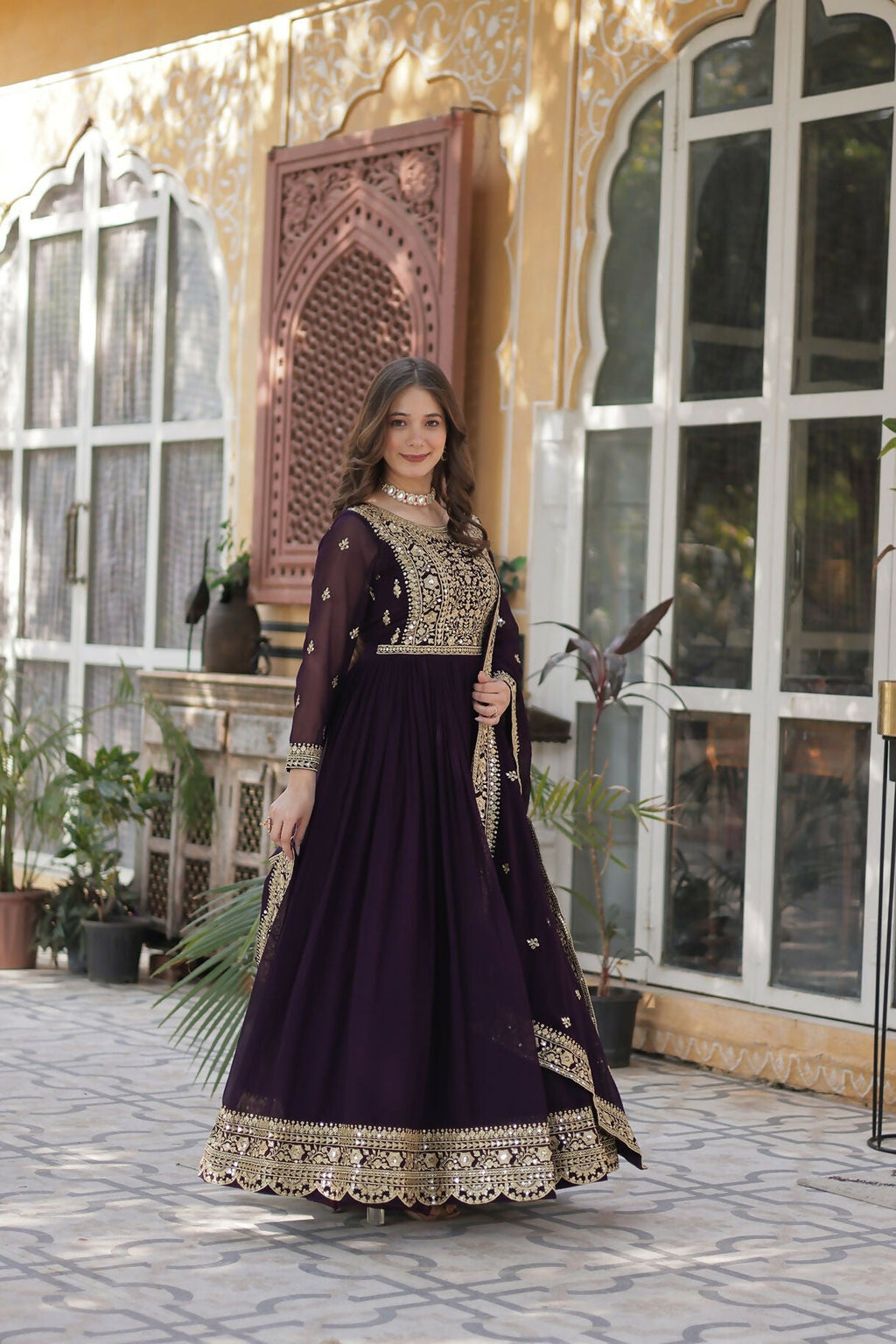 Joban Fashion Wine Georgette Sequence Embroidery Work Kurta Set