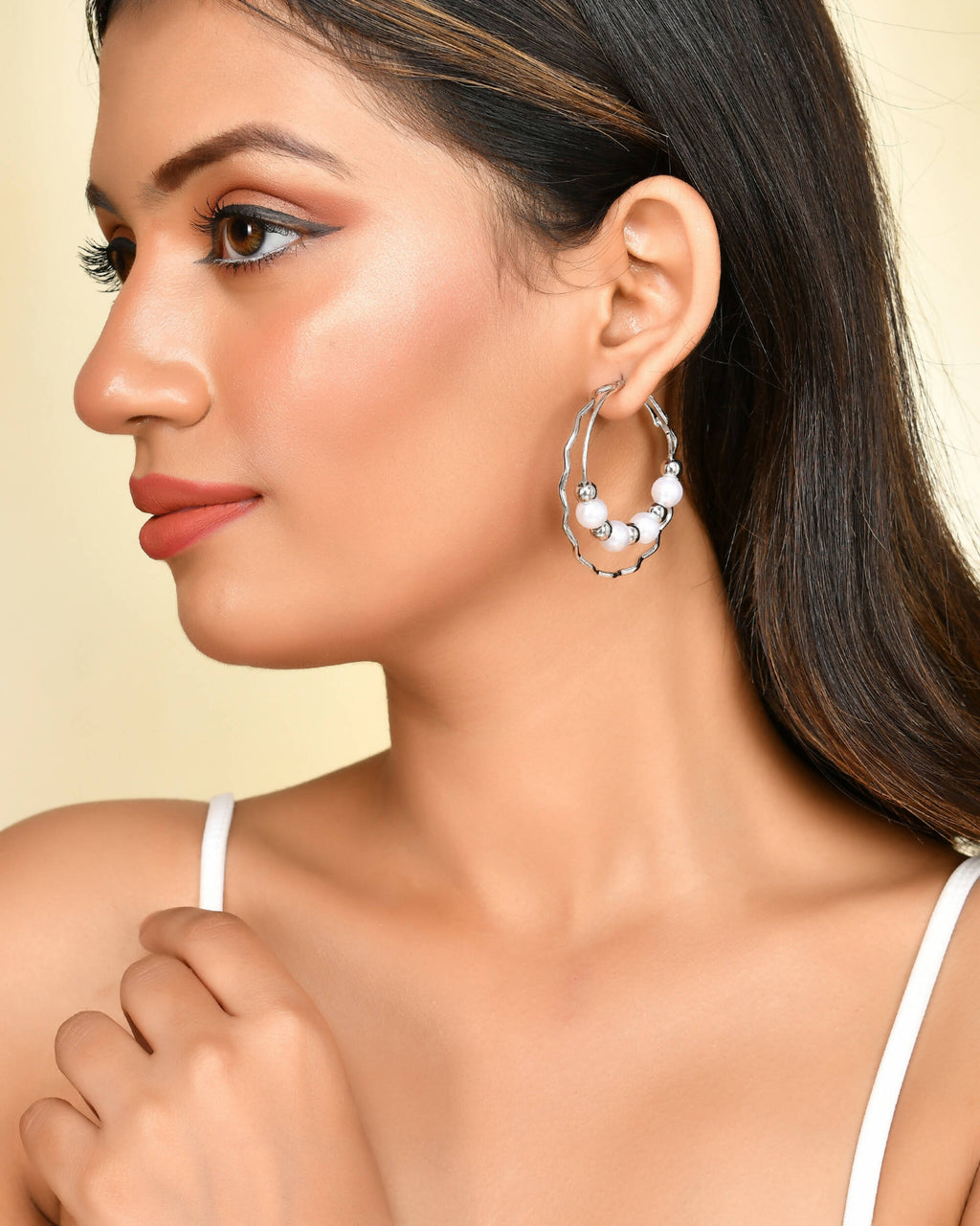 VOJ Women Sliver-Plated Pearl Stainless Steel Hoop Earrings