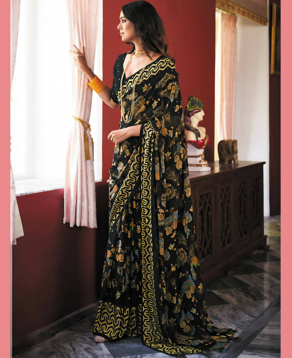 Black Georgette Brasso Floral Printed Saree With Unstitched Blouse Piece - Zyanya