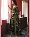 Black Georgette Brasso Floral Printed Saree With Unstitched Blouse Piece - Zyanya