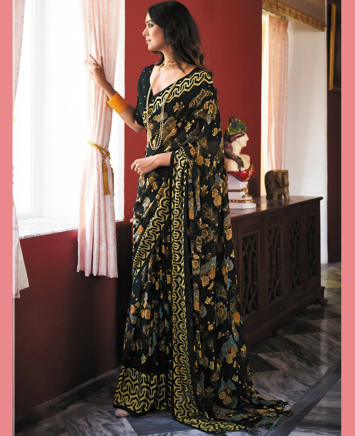 Black Georgette Brasso Floral Printed Saree With Unstitched Blouse Piece - Zyanya