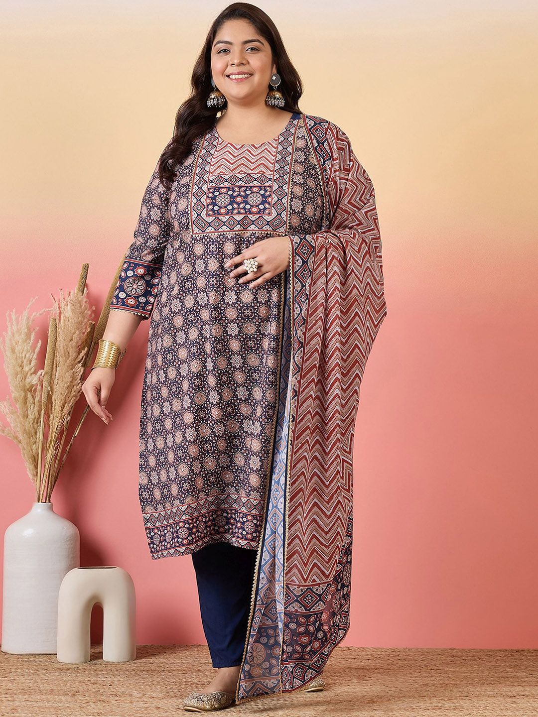 Sztori Women Floral Yoke Design Regular Gotta Patti Kurta with Trousers & With Dupatta