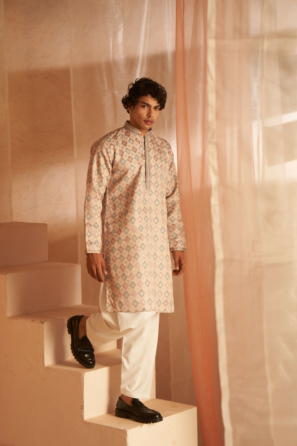 Cream Viscose Wevon Designer Men's Kurta Set - Mahotsav