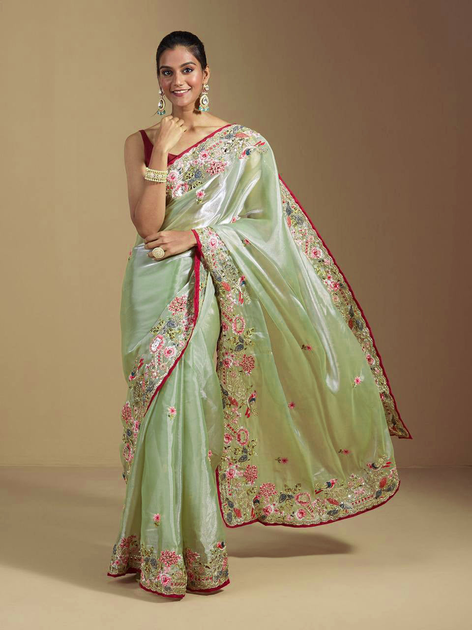 Teeya Creation Green Color Organza Silk Heavy Work Saree